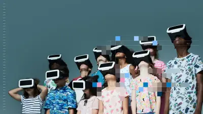 A group of children wearing VR headsets look upward. Parts of the image are overlaid with colorful pixel blocks.