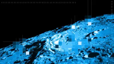 A lunar landscape with scattered rocks is shown. Parts of the surface are overlaid with colorful pixel blocks.